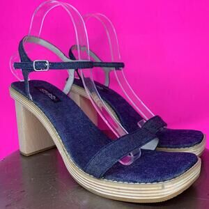 Vintage Splash Dark Blue Denim Wood Heeled Open Toe Sandal Sz 10